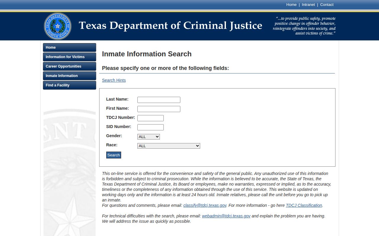 Texas Department of Criminal Justice inmate search fields